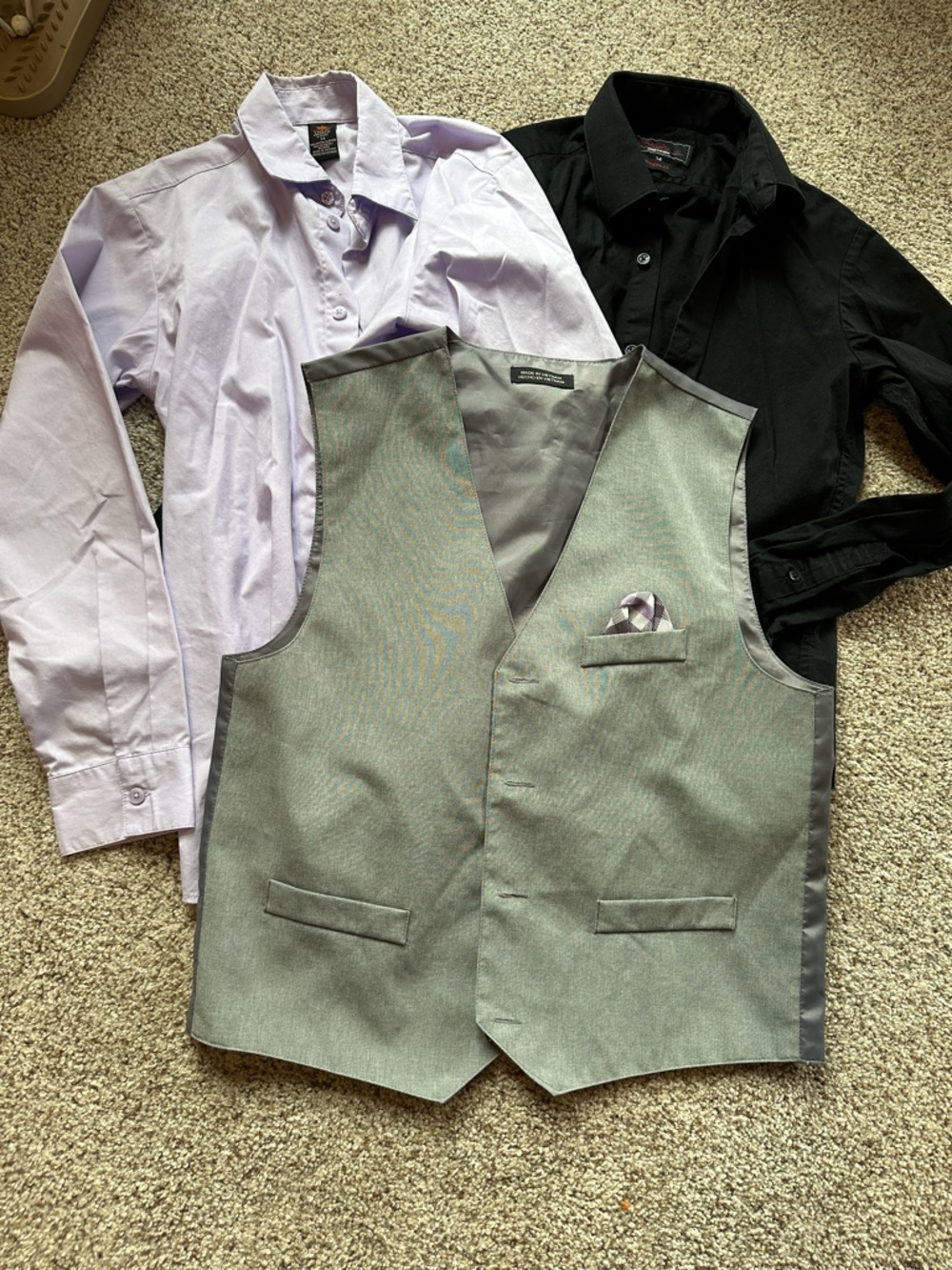 Light Purple Button-Down Shirt with Gray Vest and Black button down Shirt
